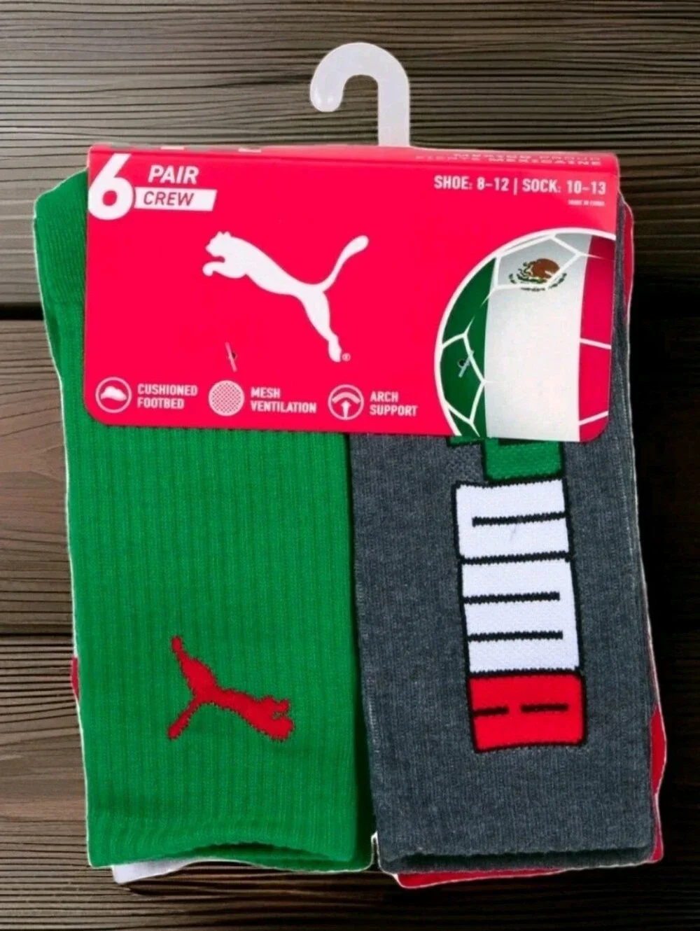 PUMA: MEN'S: (6) PACK: MEXICO: CREW SOCKS: SOCCER: SIZE: 10-12: BRAND NEW